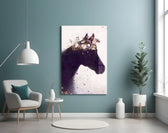 Horse glass wall art styled above a bed in a romantic-naturalist bedroom
