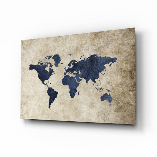 World Map glass wall art displayed above a console in a designer interior