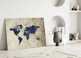Close-up detail of navy continents on aged sepia parchment
