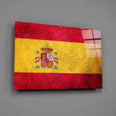 Oil-texture Spanish flag panel bringing patriotic warmth to a contemporary living space