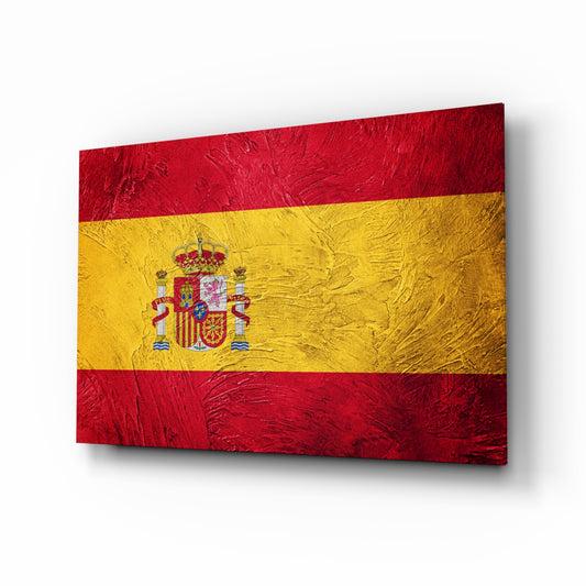 Flag of Spain glass wall art displayed above a console in a designer interior