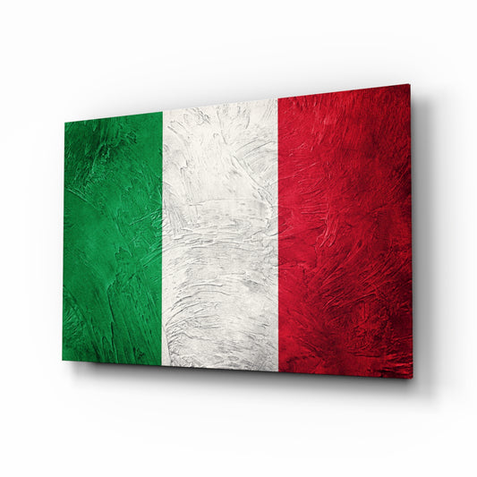 Flag of Italy glass wall art displayed above a console in a designer interior