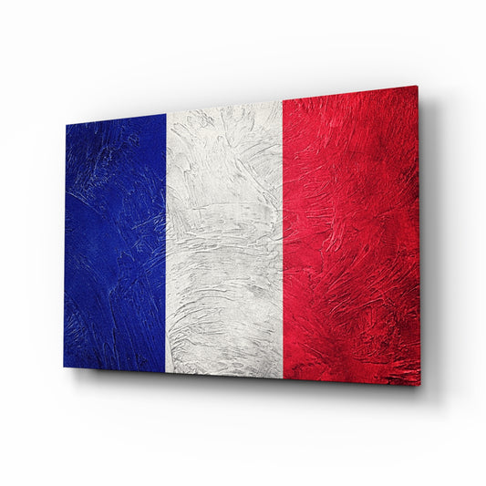 Flag of France glass wall art displayed above a console in a designer interior