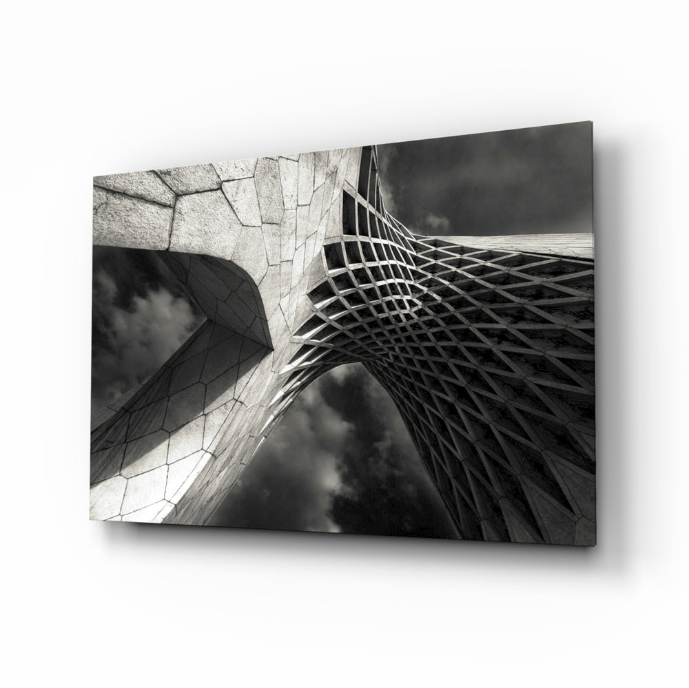 Interesting Architectural glass wall art displayed above a console in a designer interior