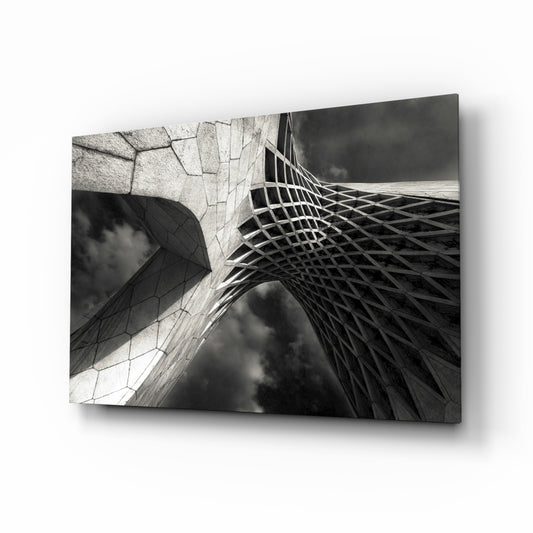 Interesting Architectural glass wall art displayed above a console in a designer interior