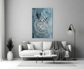 Close-up detail of the Ayat al-Kursi calligraphy on teal wash