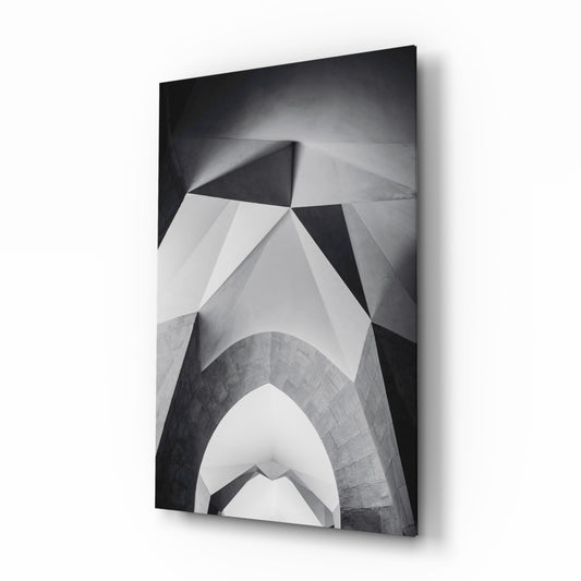 Architectural Geometric Shapes glass wall art displayed above a console in a designer interior