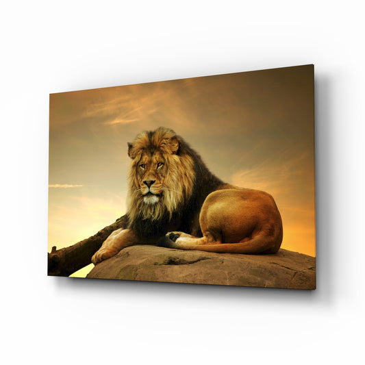Lion glass wall art displayed above a console in a designer interior