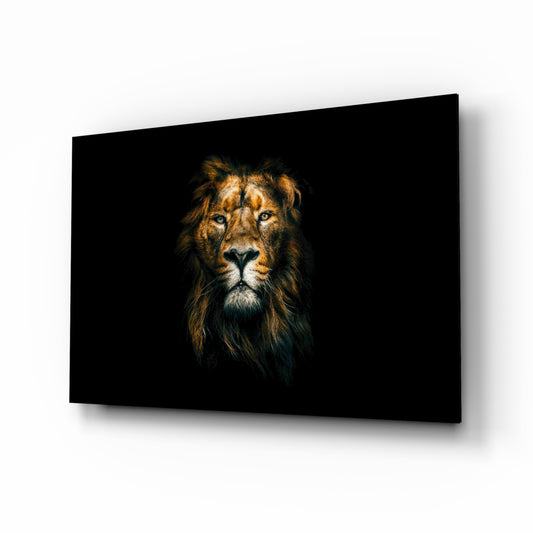 Lion glass wall art displayed above a console in a designer interior