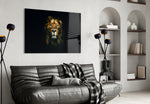 Lion glass wall art styled above a desk in an executive-presence study