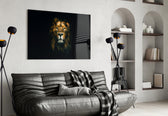 Lion glass wall art styled above a desk in an executive-presence study