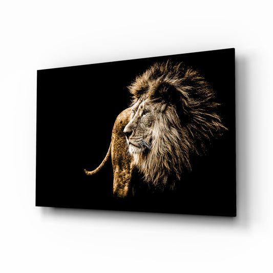 Lion glass wall art displayed above a console in a designer interior