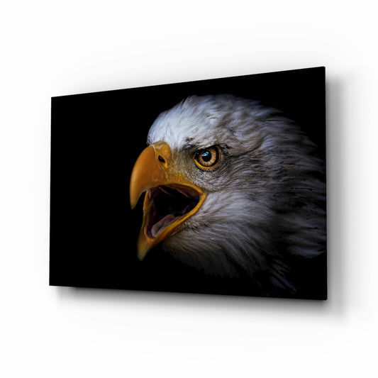 Eagle glass wall art displayed above a console in a designer interior