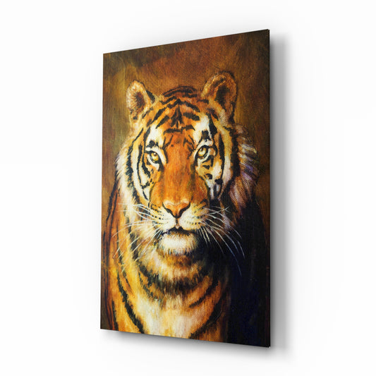 Tiger glass wall art displayed above a console in a designer interior