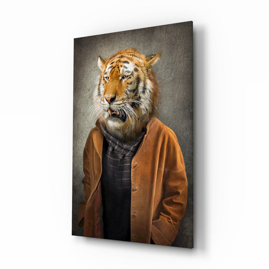 Tiger Head glass wall art displayed above a console in a designer interior