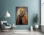 Tiger Head glass wall art styled above a desk in a gentleman's study