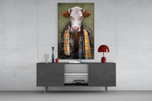 Ox Head panel catching warm light to reveal its plaid scarf