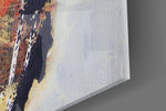 Women's artwork anchoring a contemporary wall in moody palette