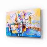 Abstract Colors glass wall art displayed above a console in a designer interior