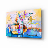 Abstract Colors glass wall art displayed above a console in a designer interior