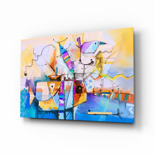 Abstract Colors glass wall art displayed above a console in a designer interior