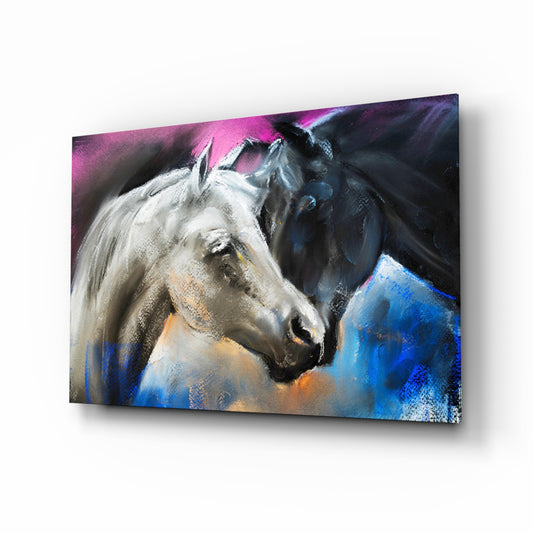 Horse glass wall art displayed above a console in a designer interior