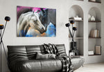 Horse glass wall art styled above a desk in a country-mood study