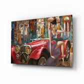 Car glass wall art displayed above a console in a designer interior