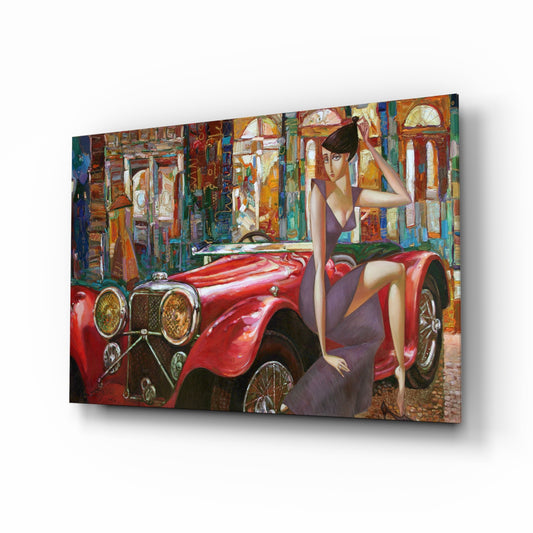 Car glass wall art displayed above a console in a designer interior