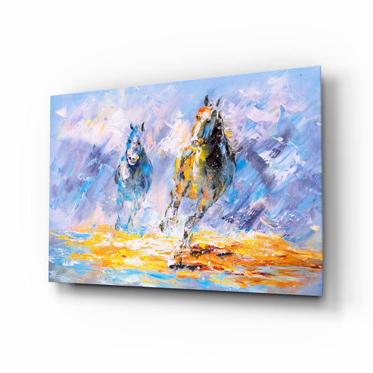 Horse glass wall art displayed above a console in a designer interior