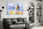 Horse glass wall art styled above a desk in a country-mood study