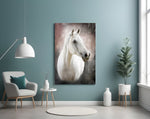 Horse glass wall art styled above a sofa in an equestrian living room
