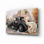 Car glass wall art displayed above a console in a designer interior