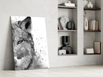 Wolf glass print enhancing a hallway with steady gaze