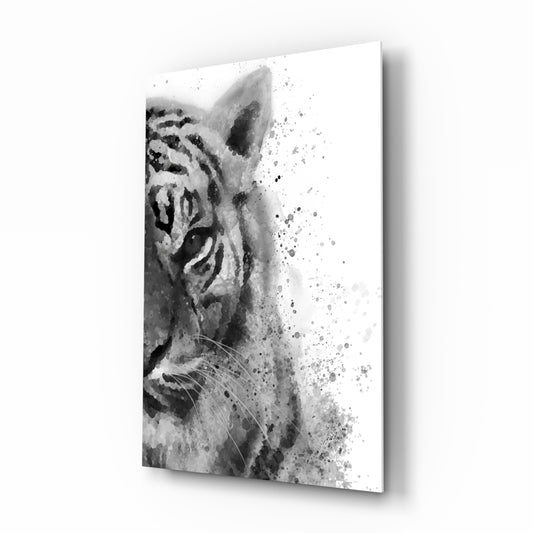 Tiger glass wall art displayed above a console in a designer interior