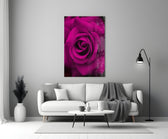 Close-up detail of the velvet magenta petals at the rose center