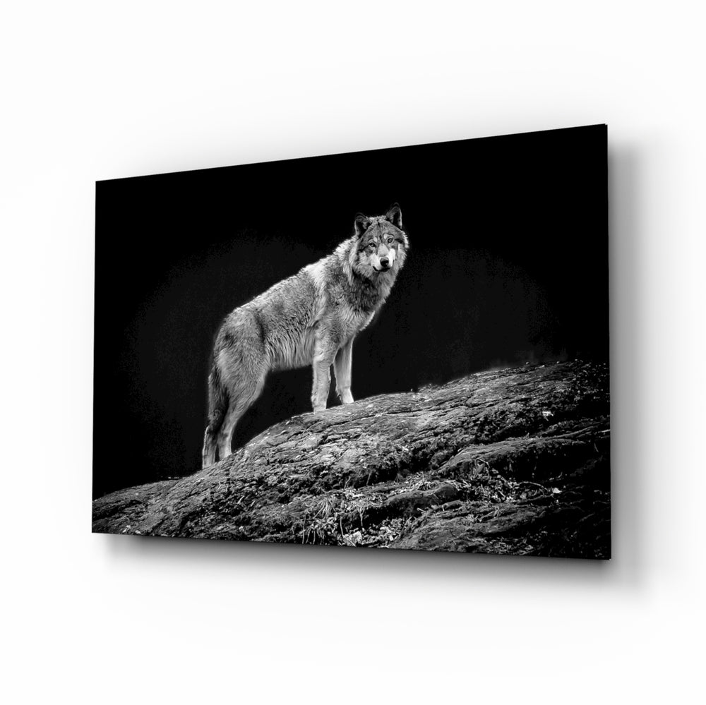 Wolf glass wall art displayed above a console in a designer interior