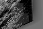 Wolf artwork anchoring a library with monochrome palette