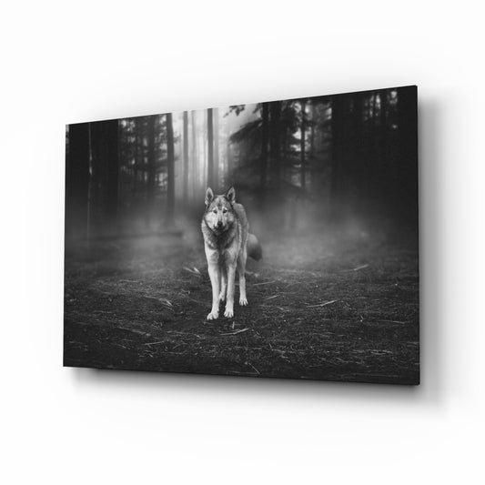 Wolf glass wall art displayed above a console in a designer interior