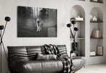 Wolf glass wall art styled above a desk in an explorer-presence study