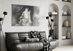 Wolf glass wall art styled above a desk in a reflective study