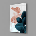 Coral-and-teal rubber plant panel bringing botanical calm to a contemporary living space