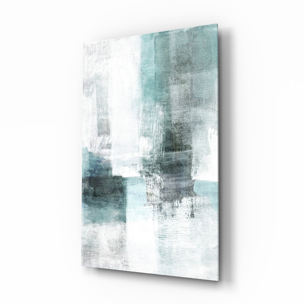 Abstract glass wall art displayed above a console in a designer interior