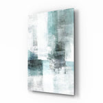 Abstract glass wall art displayed above a console in a designer interior