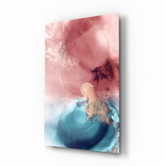 Abstract glass wall art displayed above a console in a designer interior
