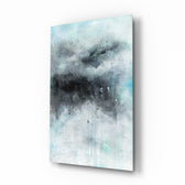 Abstract glass wall art displayed above a console in a designer interior