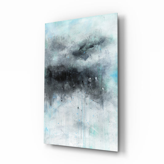 Abstract glass wall art displayed above a console in a designer interior