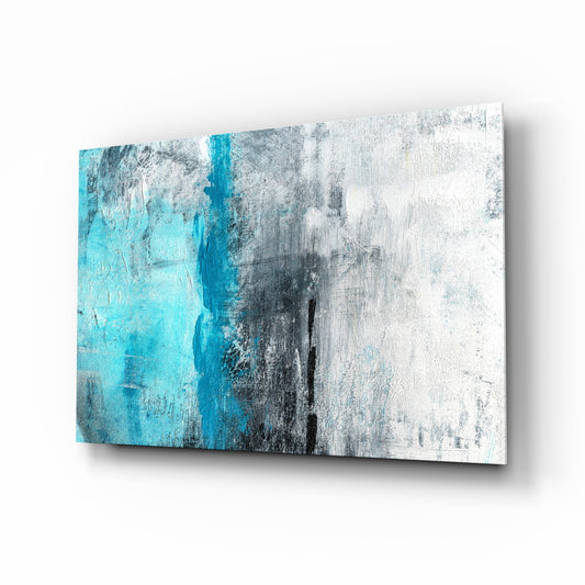 Abstract glass wall art displayed above a console in a designer interior