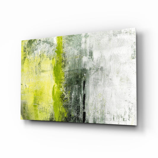 Abstract glass wall art displayed above a console in a designer interior