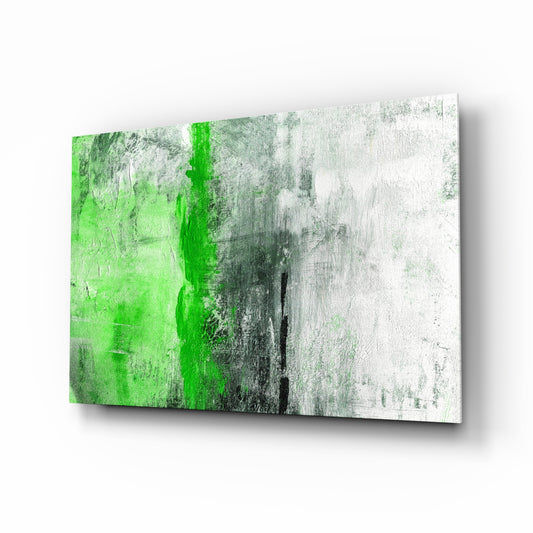 Abstract glass wall art displayed above a console in a designer interior